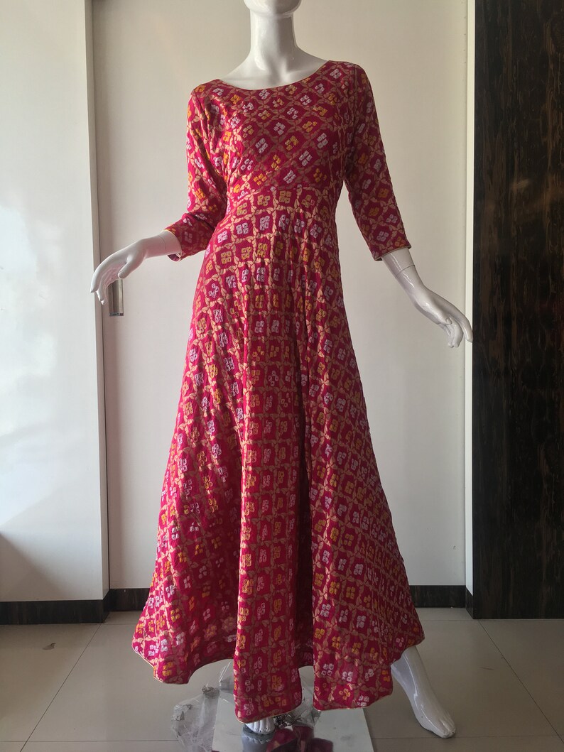 Banarsi Silk Ethenic Designer Bandhani Bandhej Gown Dress Party Wedding Dress for bride and mates for women