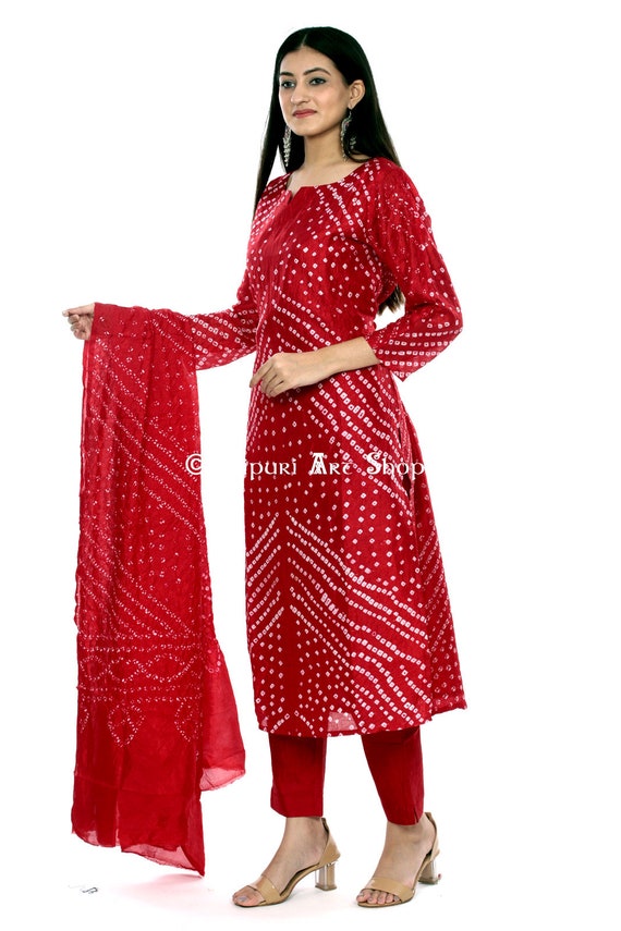 Red-White Bandhani Suit Set with Dupatta | Kurta with pants, Party wear  dresses, Cotton salwar kameez