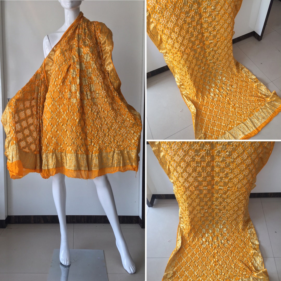 Buy Bridal Haldi Yellow Handmade Banarsi Silk Zari Bandhani Online in ...