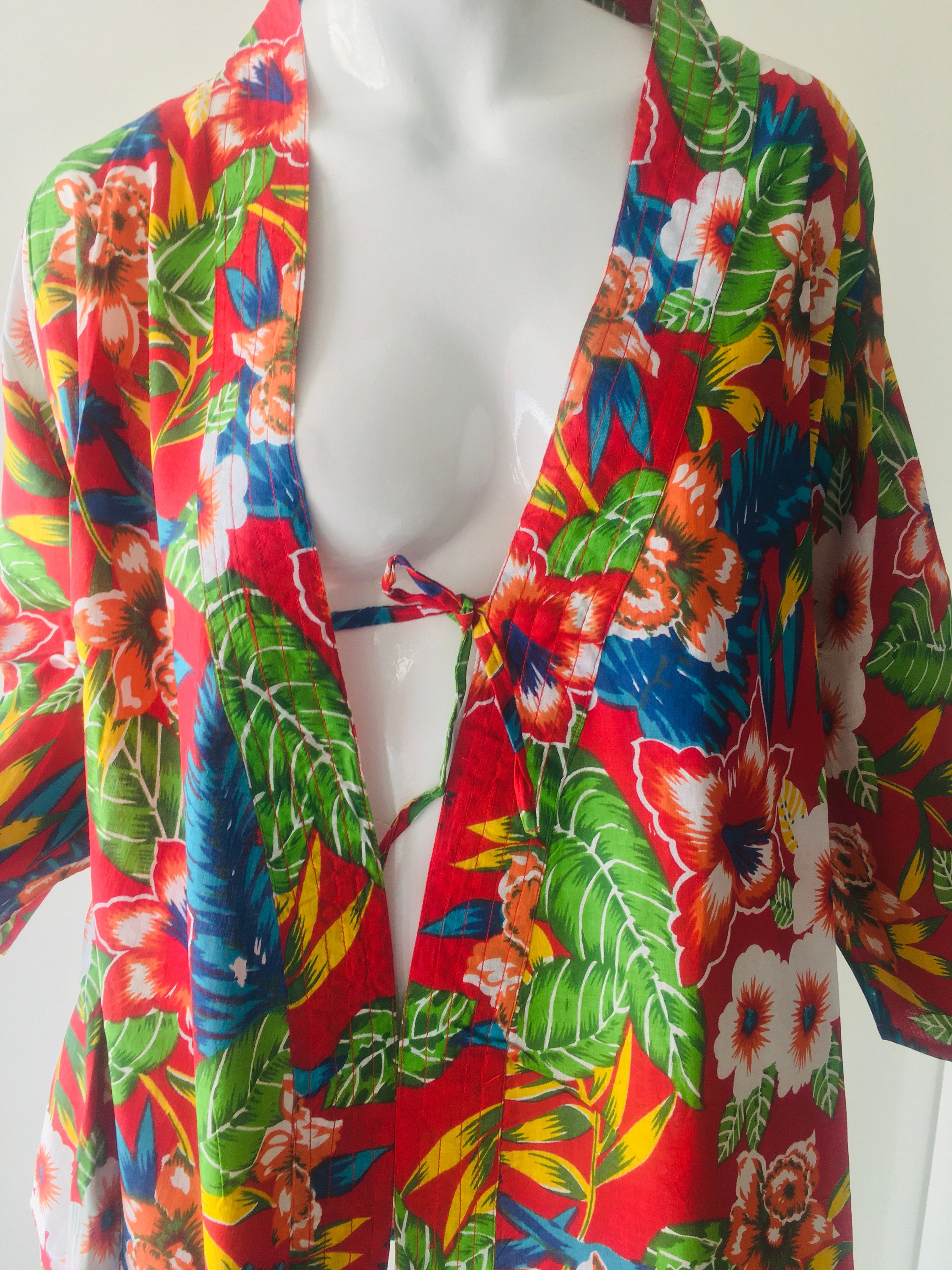 Floral Printed Short Robes Beach Kimono Kimono Red Robe Etsy