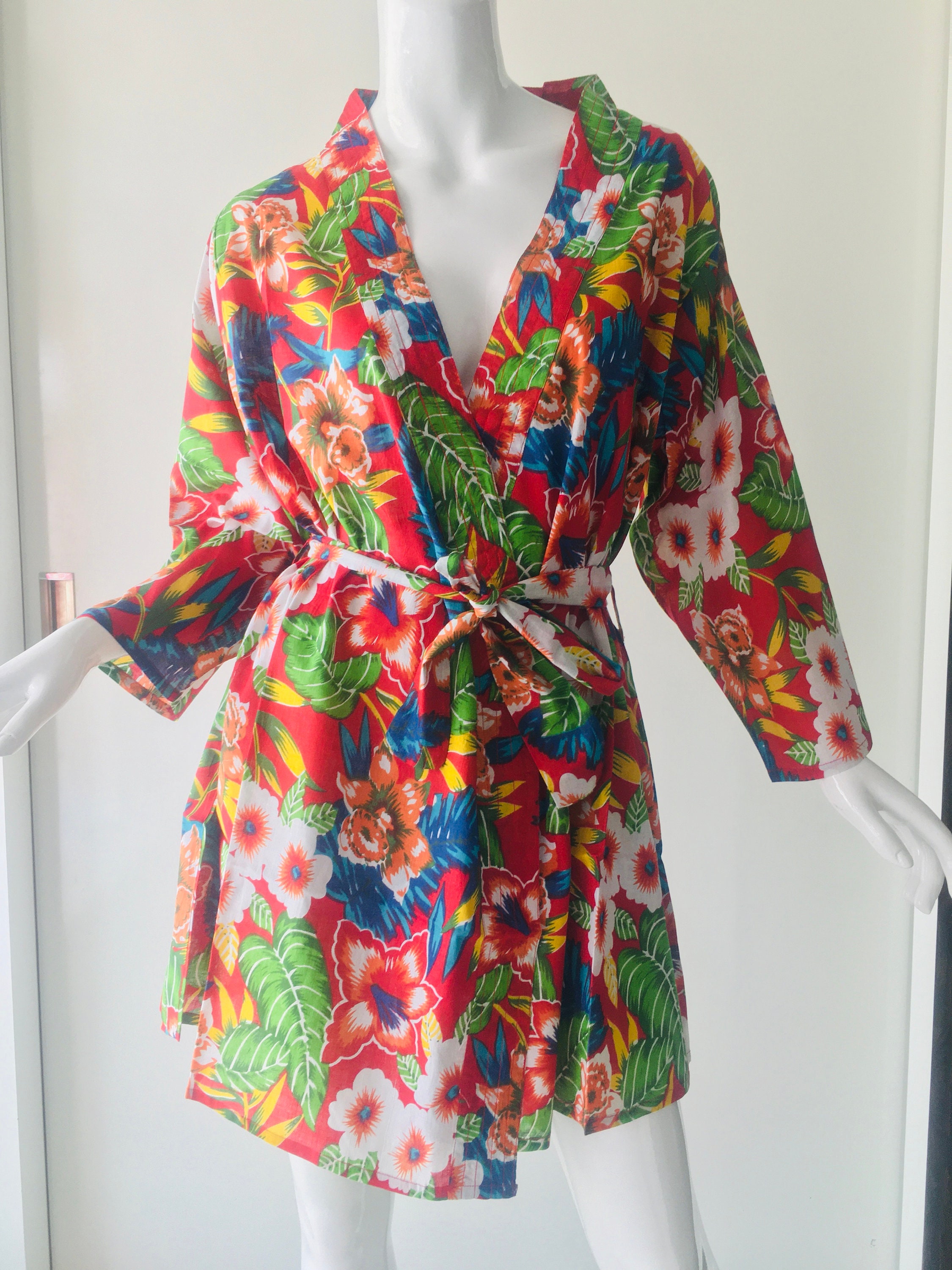 Floral Printed Short Robes Beach Kimono Kimono Red Robe Etsy