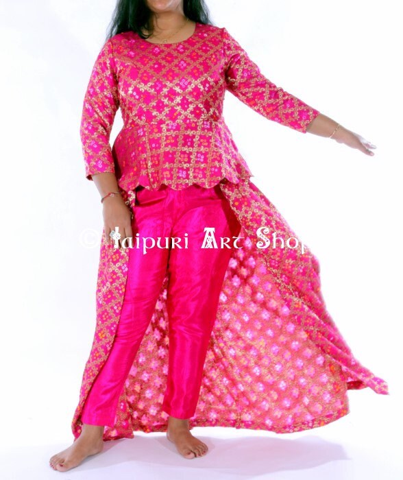 Pink Banarsi Zari Peplum Top, Bandhani/bandhej Heavy Party Wear Suit ...