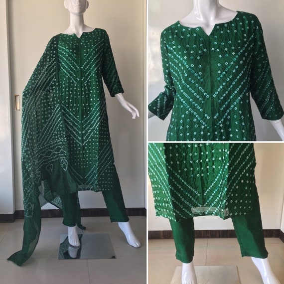 Bottle Green Red Georgette Silk Bandhani Banarasi Dress Material | KaLa  Bandhej