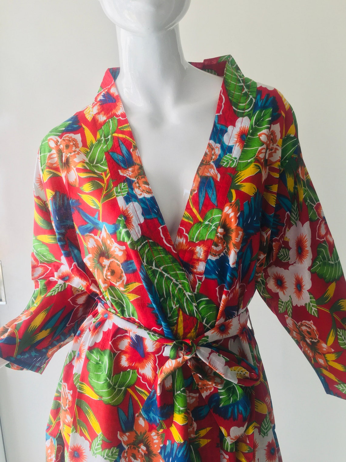 Floral Printed Short Robes Beach Kimono Kimono Red Robe Etsy