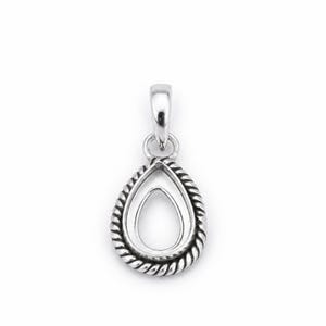 May include: A silver-colored pendant with a teardrop design. The pendant features a rope-like border around the outer teardrop shape and a smooth inner teardrop. The bail is a simple loop for a chain.