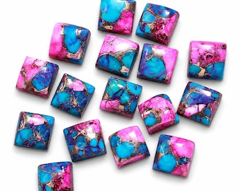 Pink Spiny Oyster Turquoise Square Cabochons, Calibrated Flat Back Gemstones for Jewelry Making