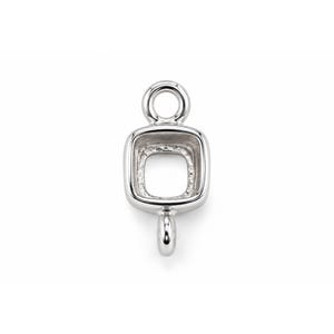 May include: A silver-toned metal jewellery finding featuring a square-shaped bezel setting with a hollow centre. The component includes a circular loop at the top and a smaller, solid loop at the bottom, designed for connecting to other jewellery pieces.