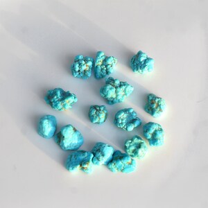 May include: A collection of turquoise stones of various sizes and shapes, displayed on a white surface.