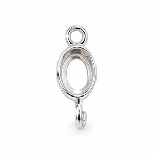 May include: A silver-toned metal jewellery pendant setting featuring an oval-shaped bezel cup for a gemstone. The component includes a circular jump ring at the top for attachment and a small, curved hook extending from the bottom base.