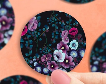 Dark floral circle vinyl sticker, floral designs, flower stickers, , laptop sticker, waterproof flower sticker
