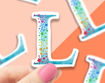 Starry rainbow L vinyl sticker, monogram, best friend gift, Laptop decals, water bottle stickers