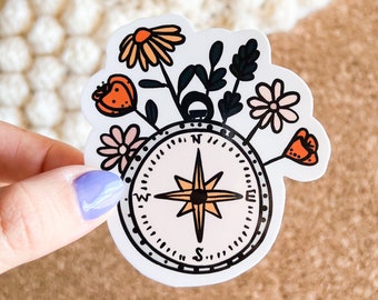 Floral compass vinyl sticker, ocean stickers, laptop stickers