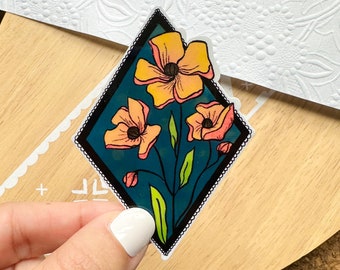 Poppy frame vinyl sticker, garden sticker, laptop stickers, waterproof flower sticker, hand drawn stickers