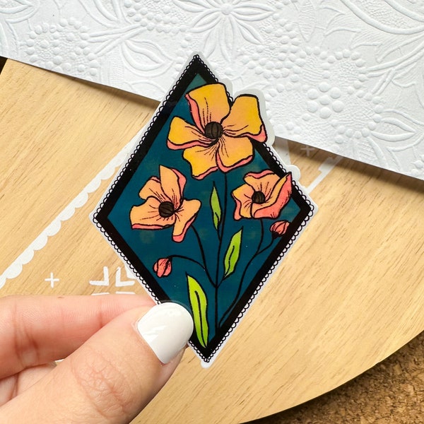 Poppy frame vinyl sticker, garden sticker, laptop stickers, waterproof flower sticker, hand drawn stickers