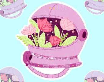 Pegatina de casco de tulipán púrpura, pegatina de astronauta, calcomanía espacial, pegatinas florales, ventilador de ciencia ficción, pegatina de computadora portátil, pegatina impermeable