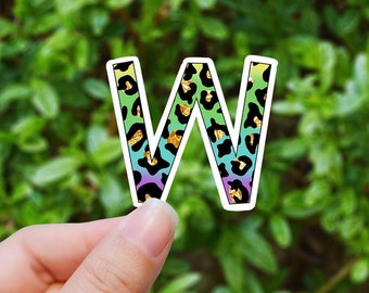 Rainbow cheetah letter W vinyl sticker, monogram, best friend gift, Laptop decal, laptop stickers
