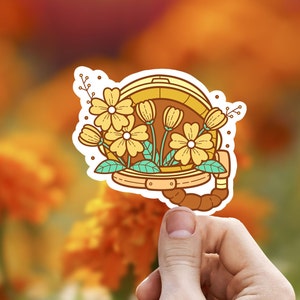 Yellow buttercup helmet sticker, astronaut sticker, space decal, floral stickers, , laptop sticker, waterproof sticker