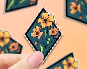 Poppy frame vinyl sticker, garden sticker, laptop stickers, waterproof flower sticker, hand drawn stickers