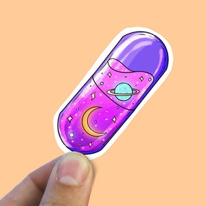 Sticker vinyle pilule galaxie, espace, cadeau meilleur ami, sticker pour ordinateur portable, cadeau en cristal