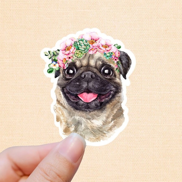 Floral Pug vinyl Sticker, water bottle stickers, , laptop sticker, waterproof sticker