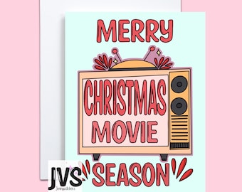 Tarjeta de felicitación navideña de la temporada de películas, tarjeta de arte original dibujada a mano, felicitación navideña de tamaño A2