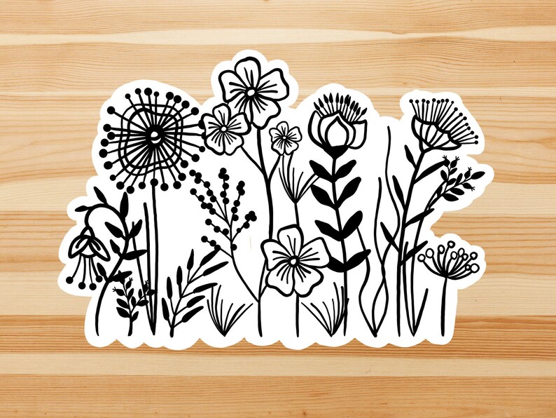 black and white wildflowers vinyl sticker illustrated flower etsy