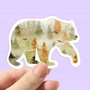Sticker Fall Bear Watercolor - waterproof vinyl decals for laptop - bear lover gift - cute animal lover gift - animal stickers - gift friend