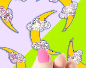 Pegatina de vinilo de luna celestial, pegatina de flor ilustrada, pegatinas de moda, pegatinas espaciales, pegatina para portátil, pegatina de flor impermeable