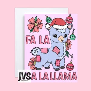 Carte de voeux Fa La La Lama, carte d'art originale dessinée à la main, voeux de Noël de taille A2