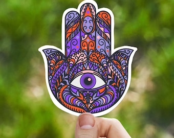 Purple hamsa hand vinyl sticker, evil eye, best friend gift, laptop sticker, , crystal gift