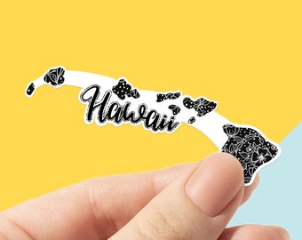 Hawaii Black Floral State Stickers, pegatinas para portátiles y botellas de agua, pegatinas estatales, pegatinas de vinilo, Maui, Estados Unidos, América