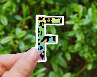 Regenboog cheetah letter F vinyl sticker, monogram, beste vriend cadeau, laptop sticker, laptop stickers