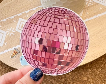 Pegatina holográfica de bola de discoteca rosa, arte disco, pegatinas para portátiles, calcomanías para coches, pegatinas brillantes, pegatina divertida, regalo divertido