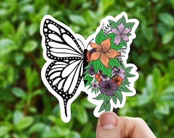 Flower transformation vinyl sticker, butterfly stickers, best friend gift, illustrated vinyl stickers, , sarcastic gift