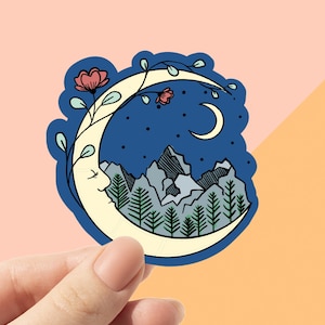 Mountain moon vinyl sticker, moon stickers, sleeping moon, trendy stickers, vinyl stickers
