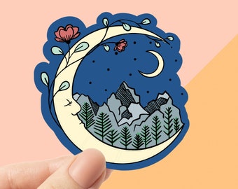 Mountain moon vinyl sticker, moon stickers, sleeping moon, trendy stickers, vinyl stickers