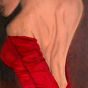 May include: A painting of a woman wearing a red off-the-shoulder dress. The dress is low-cut and shows off the woman's back. The painting is done in a realistic style and the woman's skin is painted in a warm, flesh tone.