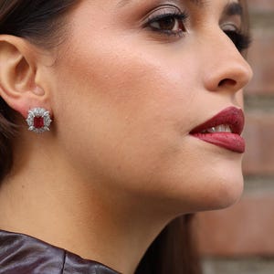 Vintage Ruby Red Crystal Stud Earrings: Silver-Tone Halo