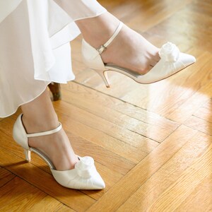Ivory Satin Bridal Sandals: Low Heel Wedding Shoes with Ankle Strap