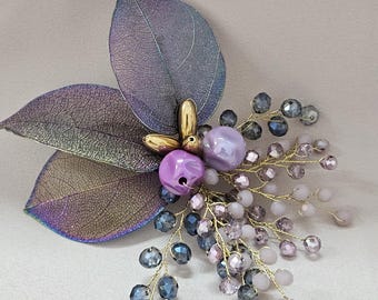 Handmade Beaded Floral Brooch: Iridescent Leaf & Crystal Pin