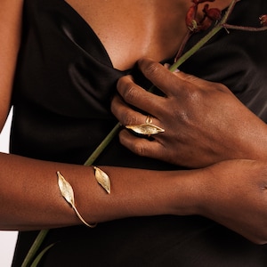 18K Gold Plated Olive Leaf Choker Necklace Jewelry Set: Nature Open Collar, Leaf Gold Earrings, Adjustable Leaf Ring, Open Cuff Bracelet image 2