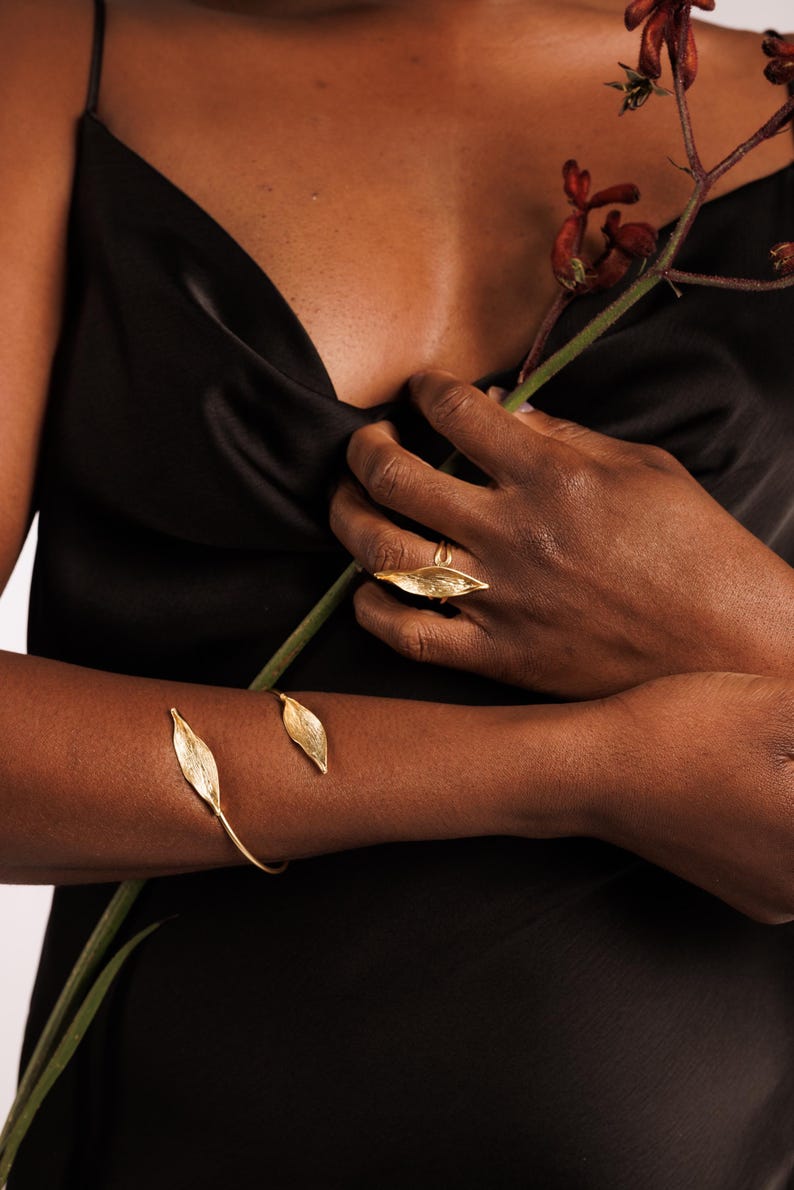 18K Gold Plated Olive Leaf Choker Necklace Jewelry Set: Nature Open Collar, Leaf Gold Earrings, Adjustable Leaf Ring, Open Cuff Bracelet image 2