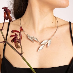 18K Gold Plated Olive Leaf Choker Necklace: Nature Collar, Silver Open Collar image 1