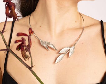 18K Gold Plated Olive Leaf Choker Necklace: Nature Collar, Silver Open Collar