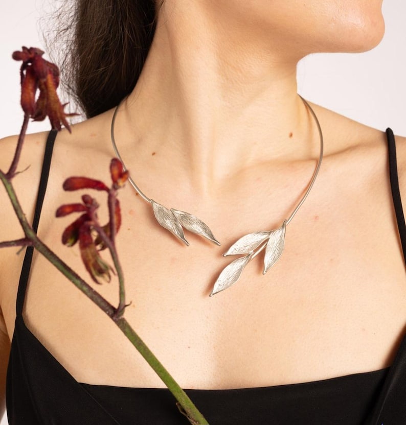 18K Gold Plated Olive Leaf Choker Necklace: Nature Collar, Silver Open Collar image 1