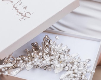 Pearl Goddess Crown: Crystal & Silver Leaf Wedding Tiara