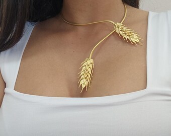Flexible Weat Open Collar Necklace, Statement Golden Necklace for Women, Choker Necklace with Wheat Pendant