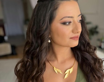 18K Gold Plated Olive Leaf Choker Necklace Jewelry Set: Nature Open Collar, Leaf Gold Earrings, Adjustable Leaf Ring, Open Cuff Bracelet
