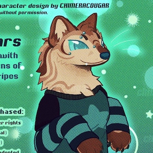 Puede incluir: Ilustración de un personaje de comadreja japonesa llamado "Ceiling Stars" con piercings y rayas de tigre. La comadreja lleva un suéter a rayas verde azulado y negro. El texto detalla los derechos de personaje desbloqueables.