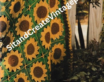 Vintage Crochet Sunflower Granny Square Afghan